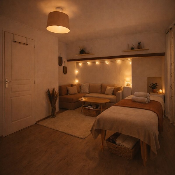 Salle de massage chaleureuse et apaisante, préparée pour un massage intégral favorisant la détente profonde et le bien-être du corps